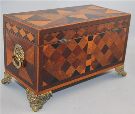 A 19th century parquetry inlaid rectangular tea caddy, 10.5in.